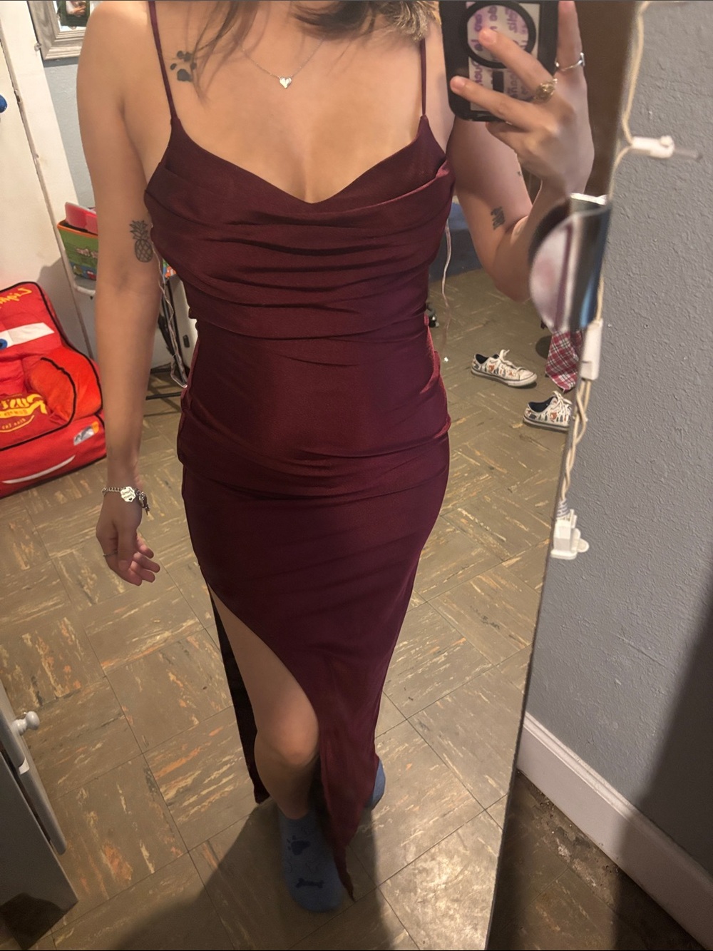 Cowl Neck High-Slit Dress in Burgundy - Women